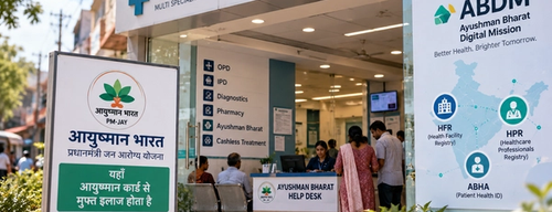 The front of a small private hospital in an Uttar Pradesh town, with a name board and an Ayushman Bharat help desk inside