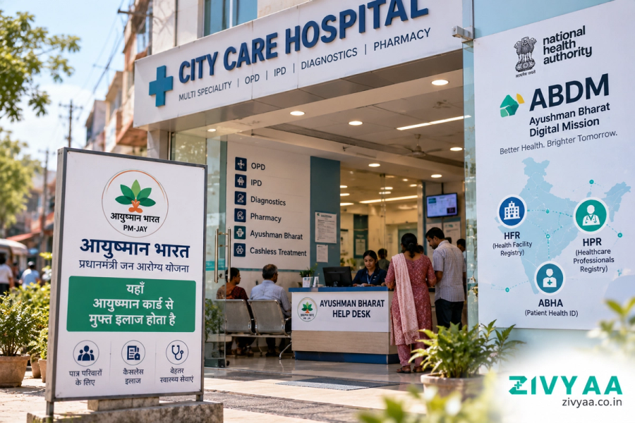 The front of a small private hospital in an Uttar Pradesh town, with a name board and an Ayushman Bharat help desk inside