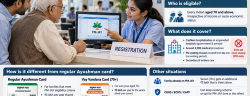 An elderly man in a woollen shawl at a hospital registration counter, handing a card to a receptionist