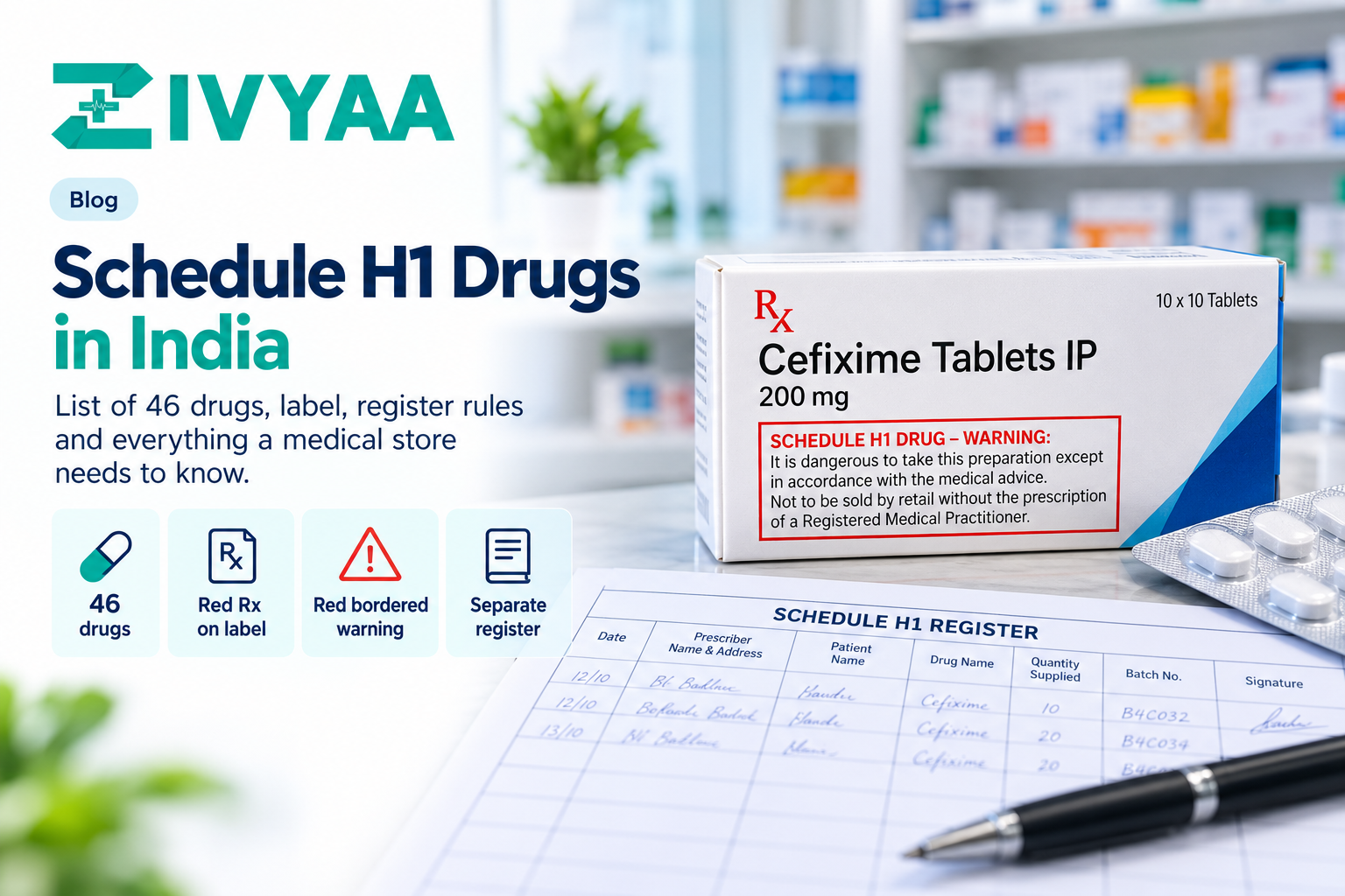 Schedule H1 drugs list card showing a red Rx and the red-bordered Schedule H1 warning box from a medicine label