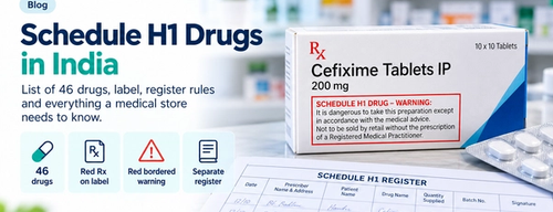 Schedule H1 drugs list card showing a red Rx and the red-bordered Schedule H1 warning box from a medicine label