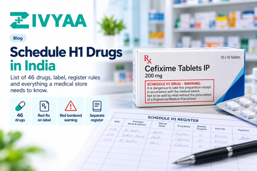 शेड्यूल H1 दवा लिस्ट का कार्ड, जिसमें दवा के लेबल वाला लाल Rx और लाल बॉर्डर वाला चेतावनी बॉक्स है
