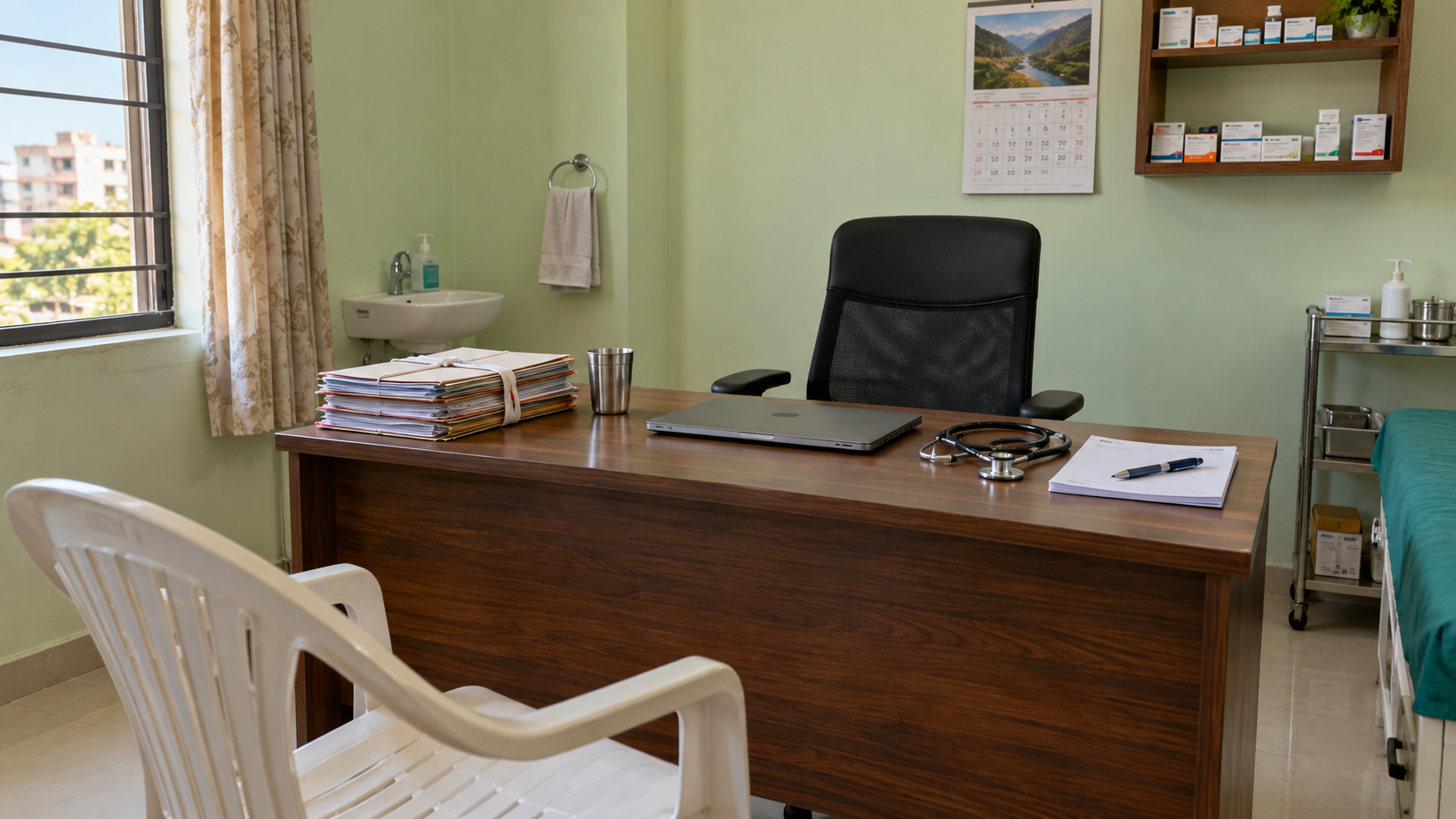 A doctor's desk in a small Indian clinic with patient files, a prescription pad, a stethoscope and a closed laptop