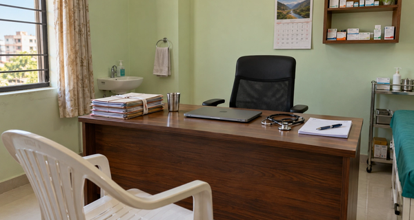A doctor's desk in a small Indian clinic with patient files, a prescription pad, a stethoscope and a closed laptop