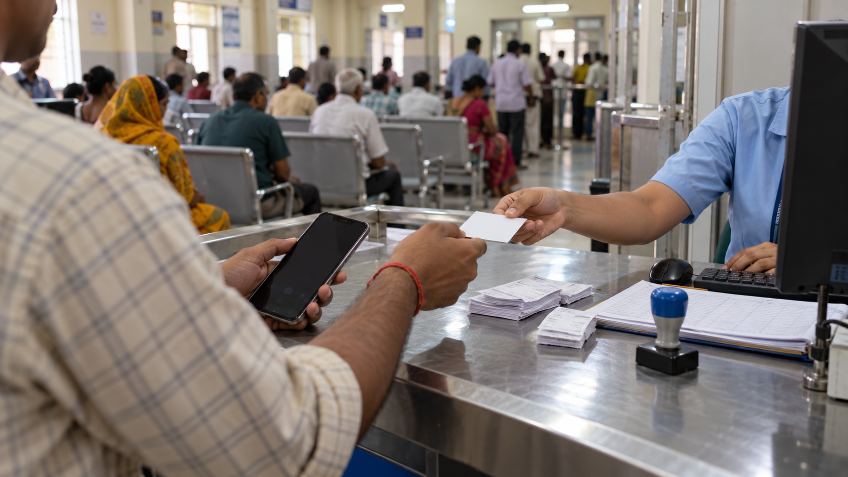 A patient handing a printed card and a phone across a hospital registration counter to a receptionist at a computer