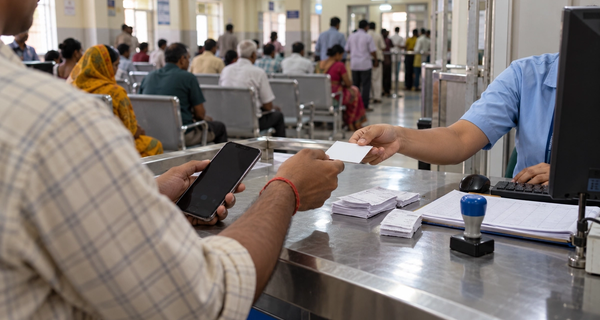 अस्पताल के रजिस्ट्रेशन काउंटर पर एक मरीज़ कंप्यूटर के सामने बैठी रिसेप्शनिस्ट को छपा हुआ कार्ड और फ़ोन दे रहा है