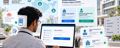 A clinic administrator filling an online form at a desk, with an Aadhaar card and, a phone by the keyboard, national health authority logo and text, ZIVYAA loga and website https://zivyaa.co.in