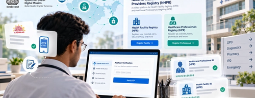 A clinic administrator filling an online form at a desk, with an Aadhaar card and, a phone by the keyboard, national health authority logo and text, ZIVYAA loga and website https://zivyaa.co.in