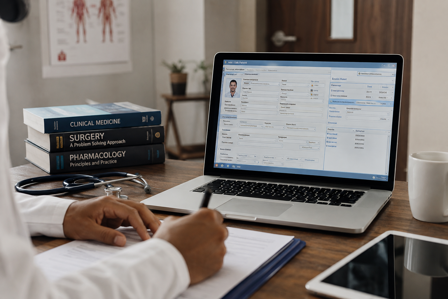 A doctor writing on a paper form beside a laptop showing an open patient record PHR, EHR, EMR, with a stethoscope and medical textbooks