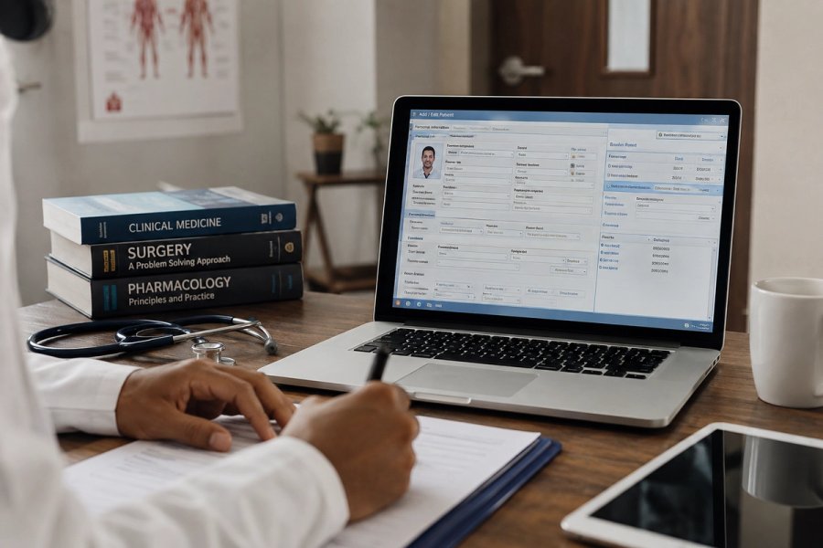 A doctor writing on a paper form beside a laptop showing an open patient record PHR, EHR, EMR, with a stethoscope and medical textbooks