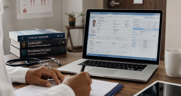 A doctor writing on a paper form beside a laptop showing an open patient record PHR, EHR, EMR, with a stethoscope and medical textbooks