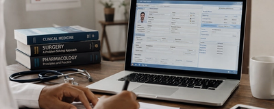 A doctor writing on a paper form beside a laptop showing an open patient record PHR, EHR, EMR, with a stethoscope and medical textbooks