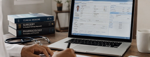 A doctor writing on a paper form beside a laptop showing an open patient record PHR, EHR, EMR, with a stethoscope and medical textbooks
