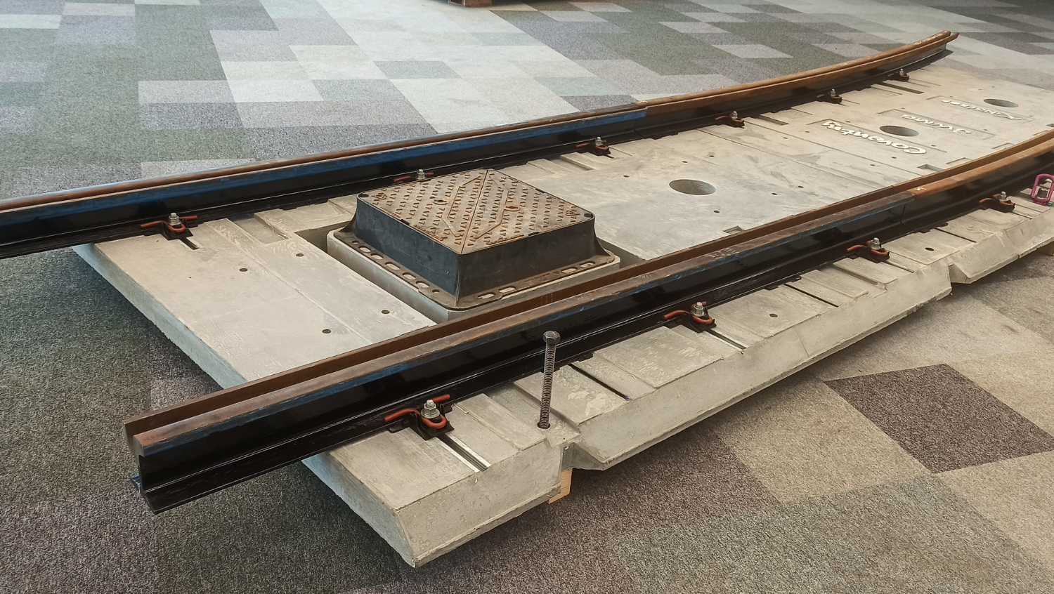 The Coventry Very Light Rail track system with CFS channels and T-bolts on display at The University of Warwick.