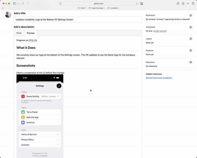 A gif showing an example of a GitHub pull request where the image in the description has been resized using our Shortcut. In the gif, we show an example of right clicking to open the image in a new tab so you can zoom in and see it at its full size.