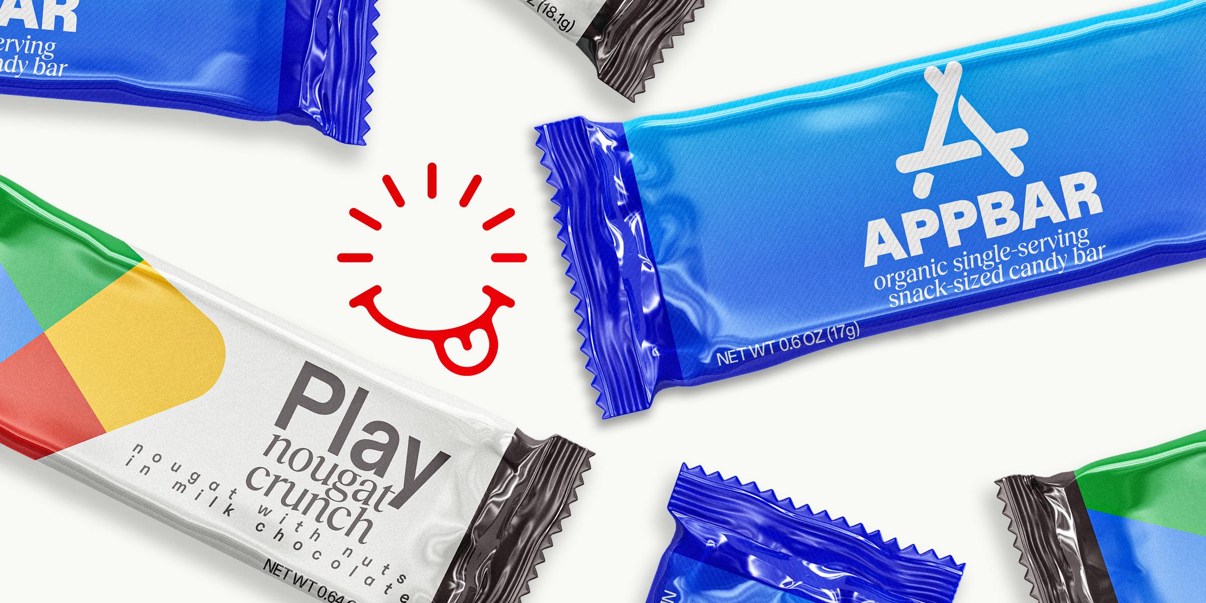 Fictional candy bars, "APPBAR" and "Play nougat crunch" scattered around on a white table with the Lickability logo behind them