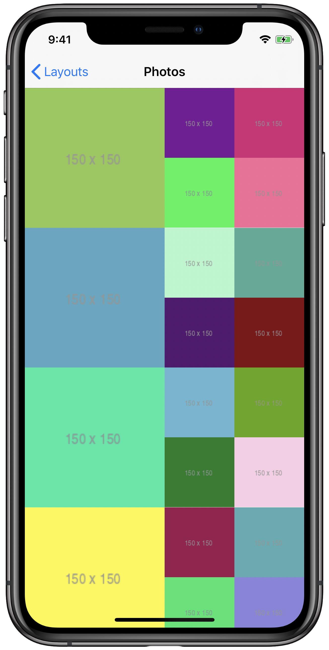 iPhone simulator showing compositional layout with multiple items and nested groups