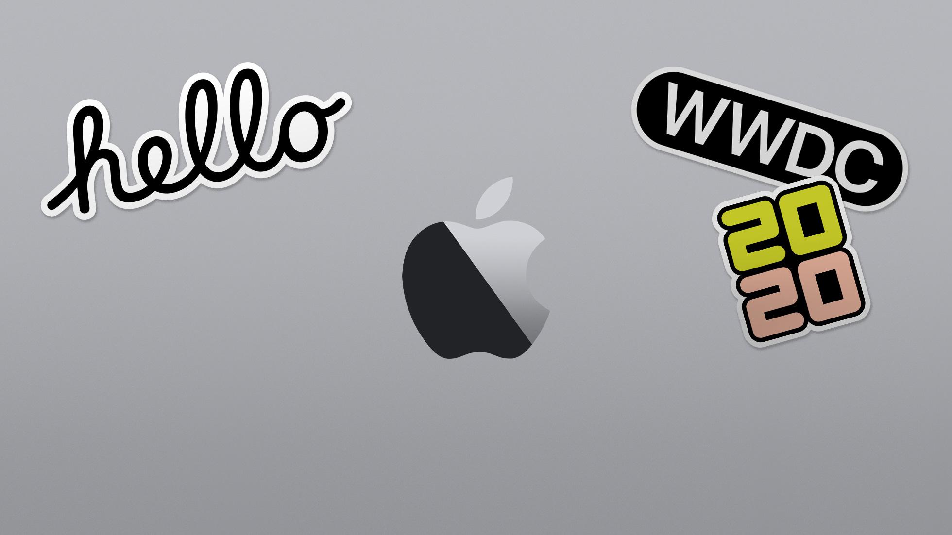 Official WWDC20 artwork of a MacBook with stickers on it.