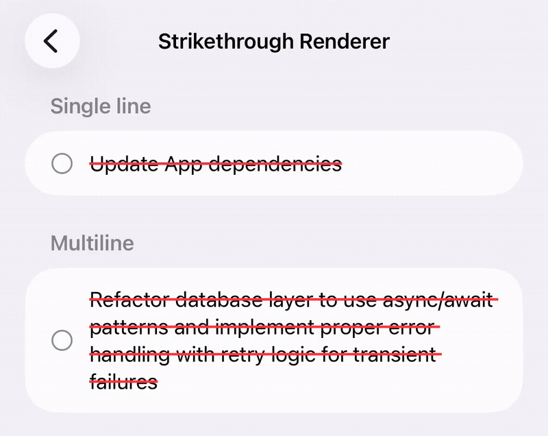Animated examples of the functional strikethrough renderer. Single line and Multi line examples.