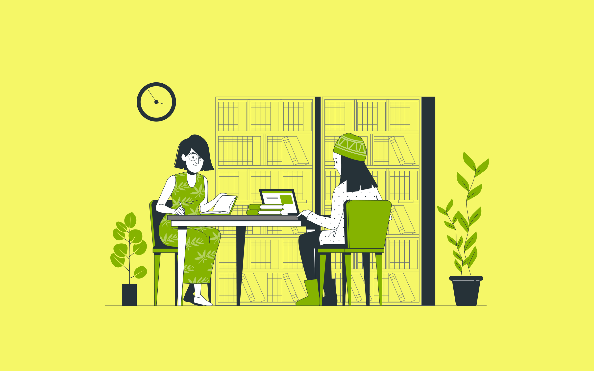 An illustration of two people sitting at a table in a library