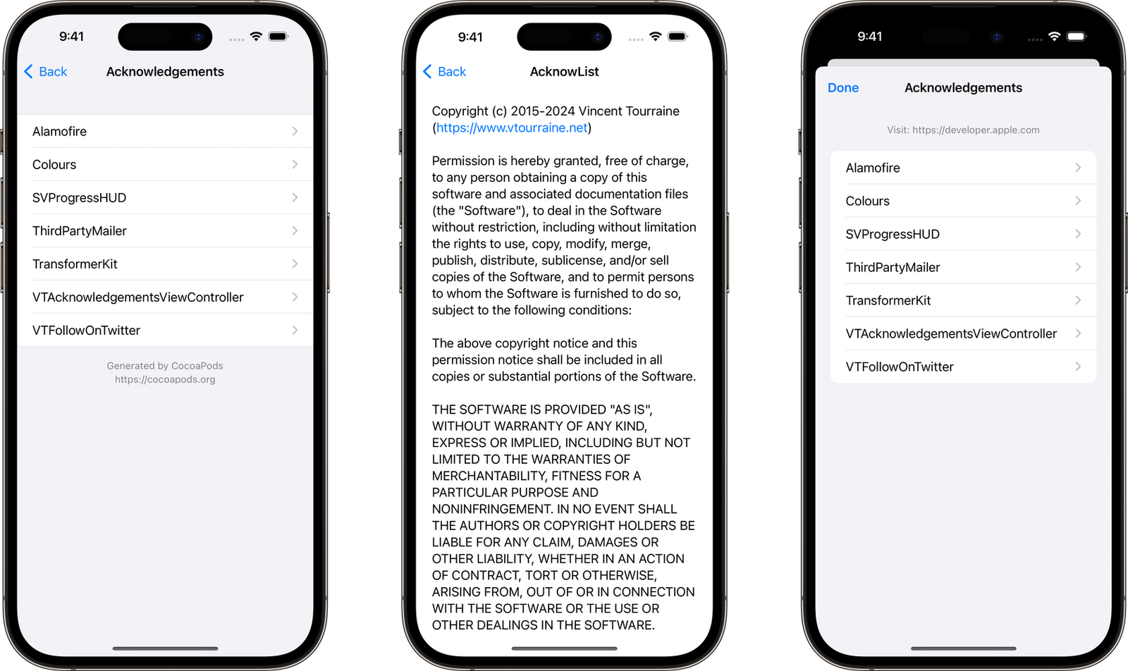 Three iPhone mockups showing examples of AcknowList in an app