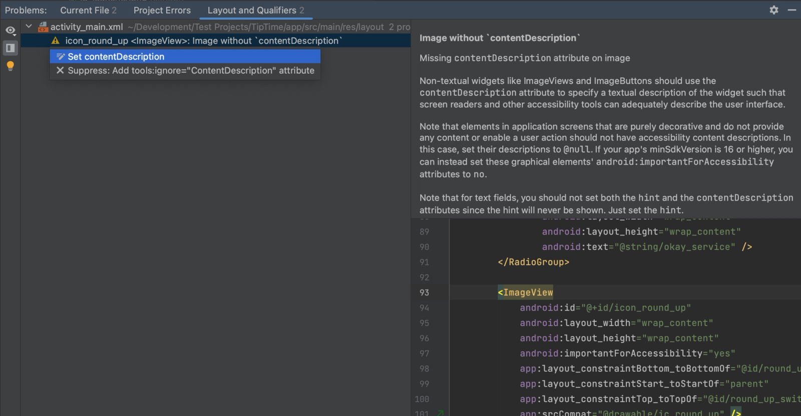 Android Studio screenshot showing the right-click menu of a warning stating that an image view's image is lacking a content description. The highlighted auto-fix option in the menu is to set a content description.