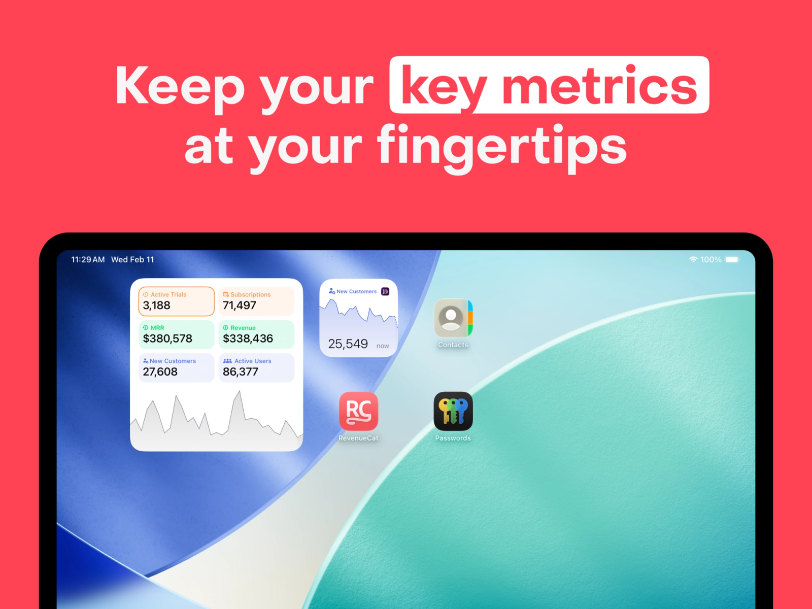 Screenshot of RevenueCat chart and metric widgets for iPadOS.