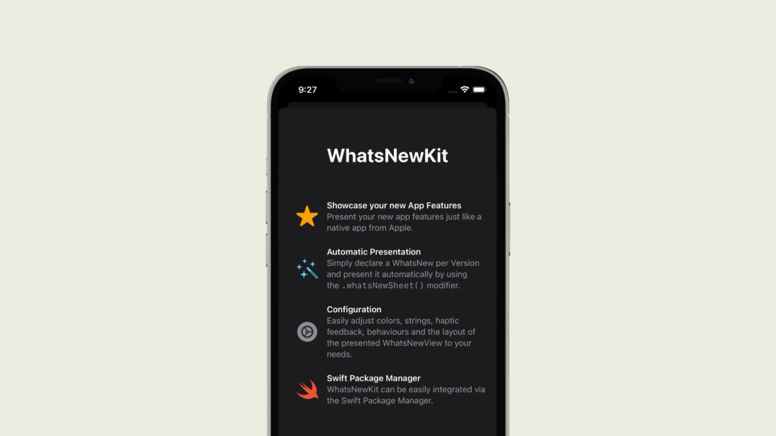 An iPhone mockup showing an example of WhatsNewKit