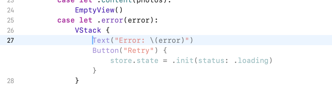 Xcode’s predictive code completion suggesting a Text displaying an Error and a Button to retry a network request within a SwiftUI view. It’s a good starting point.