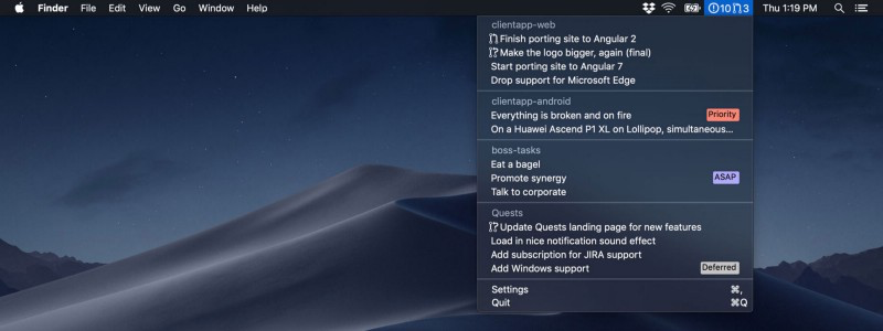 A screenshot of the menu bar app Quests.