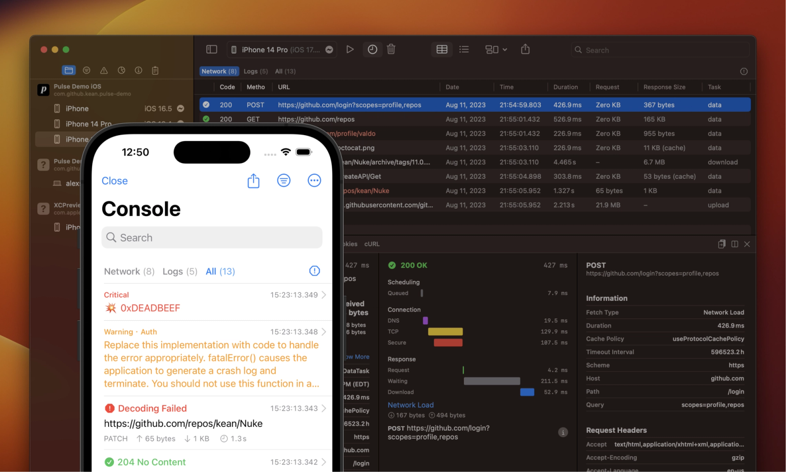 A screenshot of the Pulse Mac app showing logs collected using the Pulse SDK, with an iPhone mockup of the Pulse Console integrated into a mobile app.