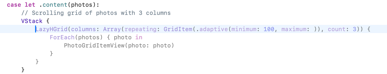 An early refinement attempt at getting Xcode’s predictive code completion to create a scrolling grid of photos. Xcode suggests a LazyHGrid initialized with columns. That API does not exist. Additionally, a parameter on the same line is not given a value.