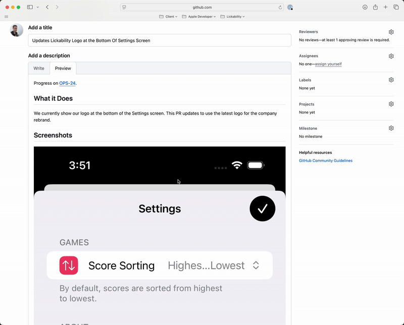 A gif that shows an example of how to use our "Make GitHub Image Markdown Table" Shortcut by selecting the text of multiple images at a time when editing a GitHub pull request, right clicking to open the menu, and selecting the Shortcut from the menu. When running this Shortcut, a pop-up opens to prompt you to select which table headers you'd like to use from a list that includes options for "Default," "Before and After," or "Custom." In this example, we select "Before and After," and the two images are put into a markdown table with a "Before" header and an "After" header.