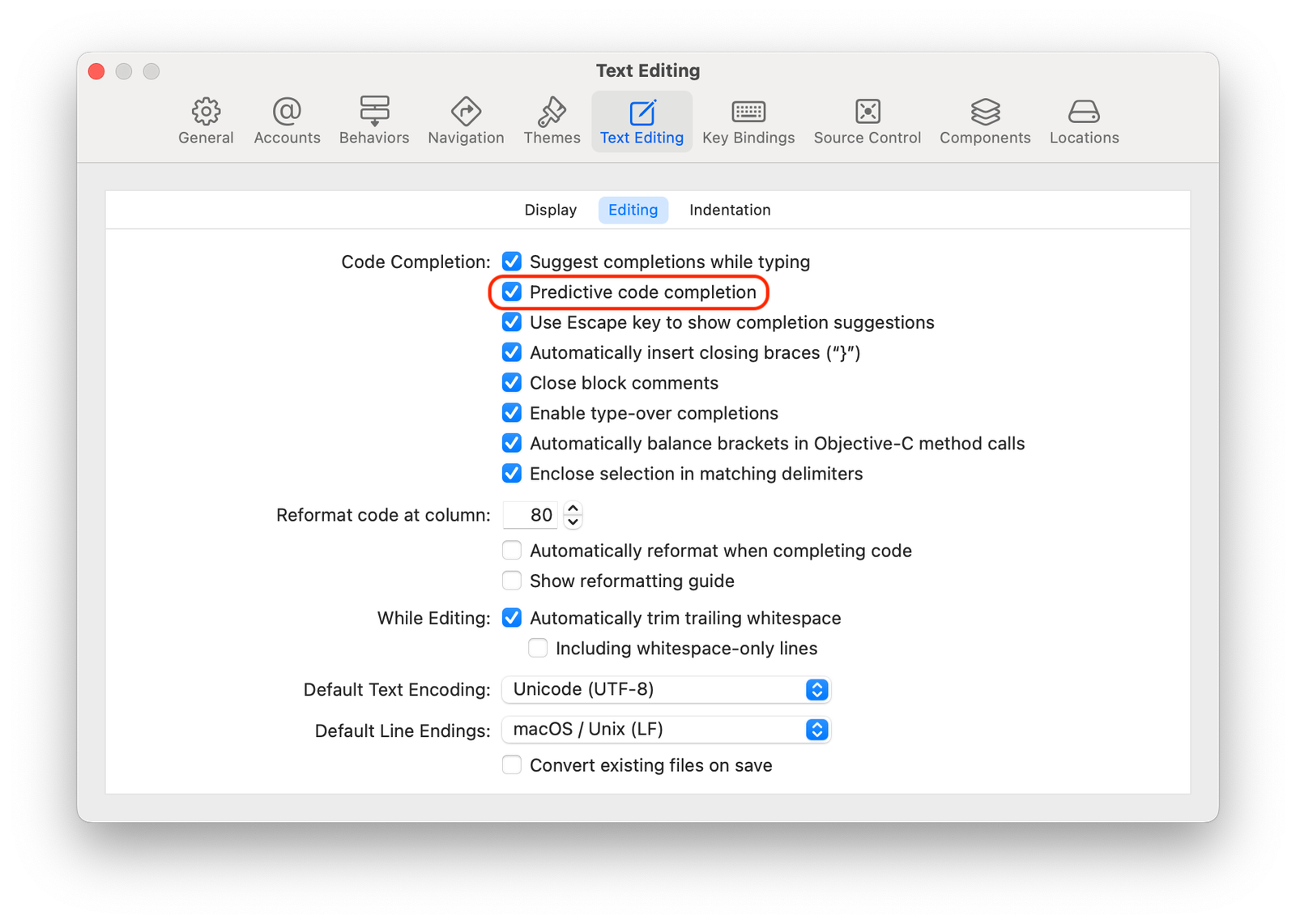 Xcode’s settings showing an option to toggle predictive code completion on and off.