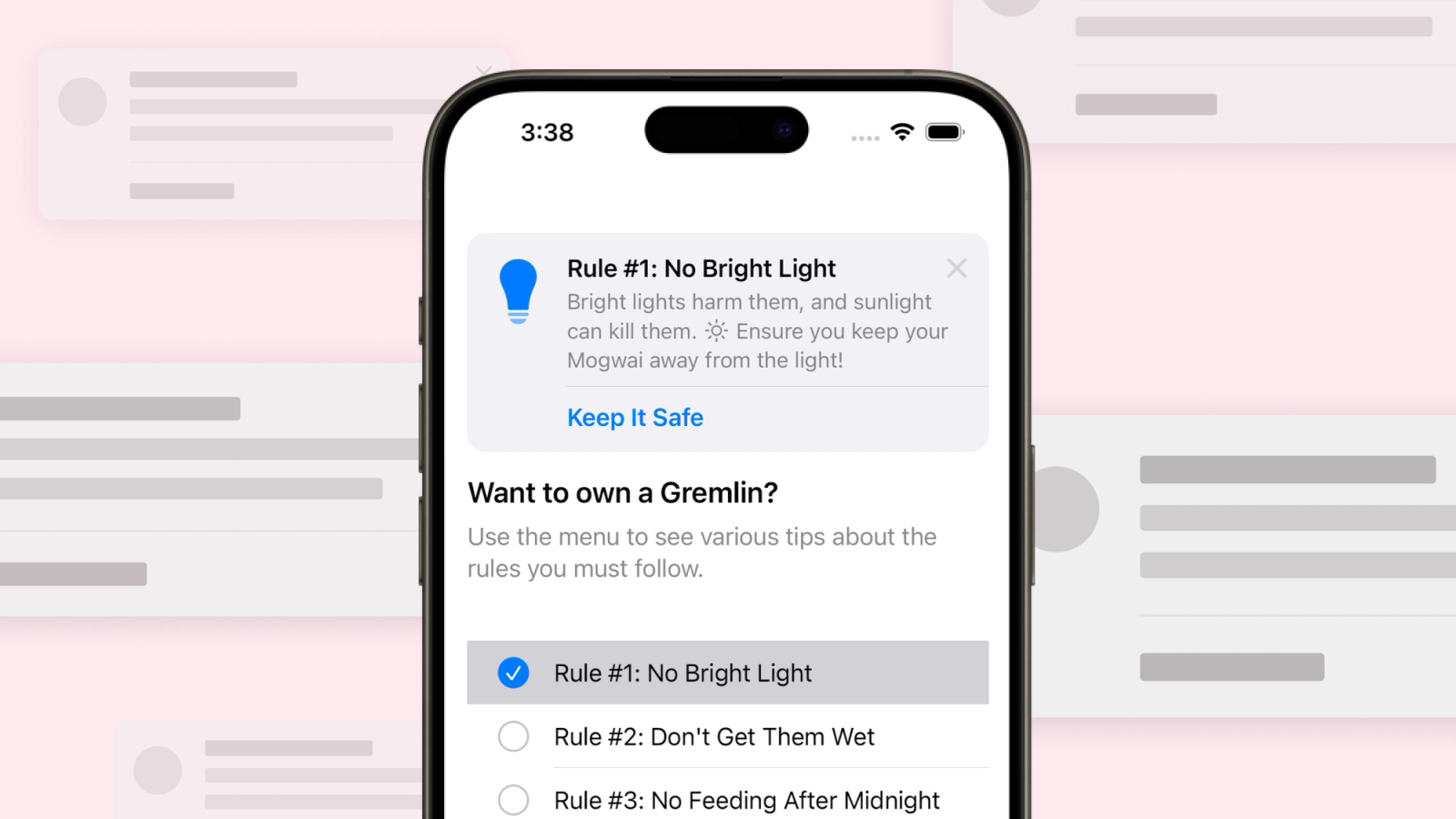 An iPhone displaying the TipKit interface on iOS 17. The screen showcases a prominent tip titled "Rule #1: No Bright Light" with a description about keeping a gremlin named Mogwai away from light. Wireframe outlines of more tips swirl around and behind the phone.