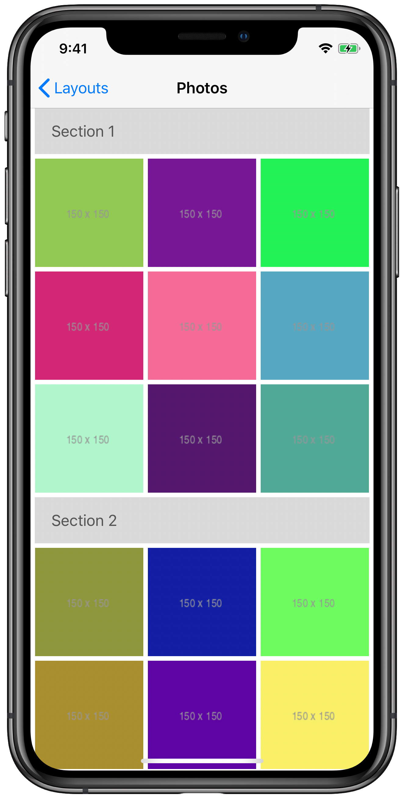 iPhone simulator screenshot showing a compositional layout with supplementary header items