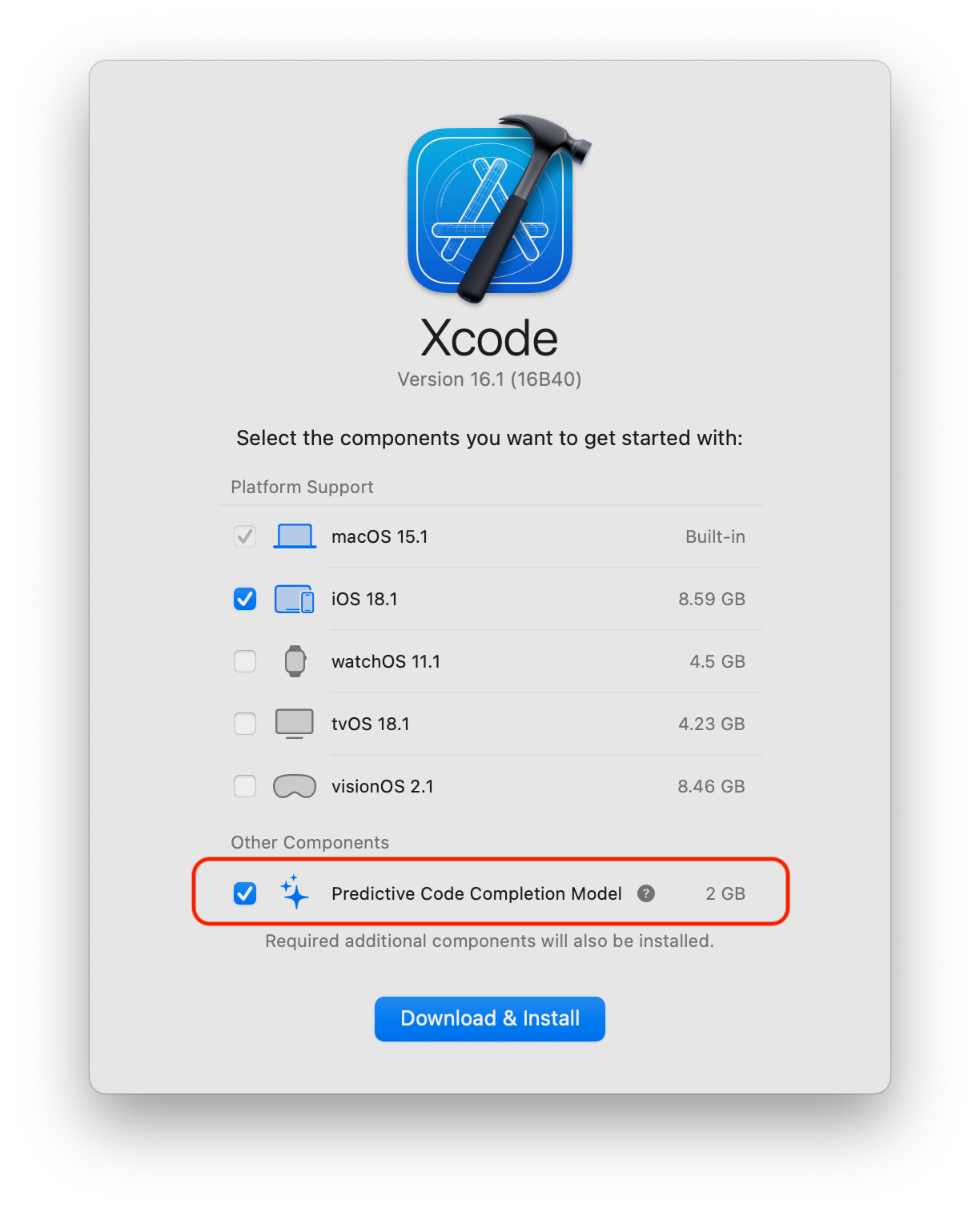 Xcode’s first launch window, which includes a checkbox for downloading the predictive code completion model.