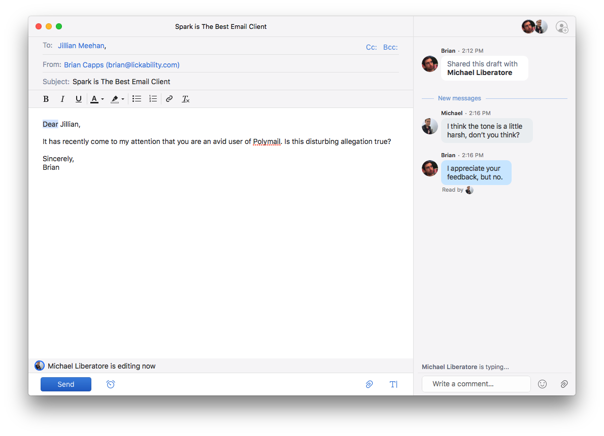 A screenshot of the macOS app Spark Mail showing email collaboration