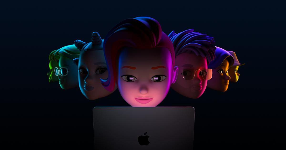 Apple's WWDC22 header image, showing Memoji looking at a laptop.