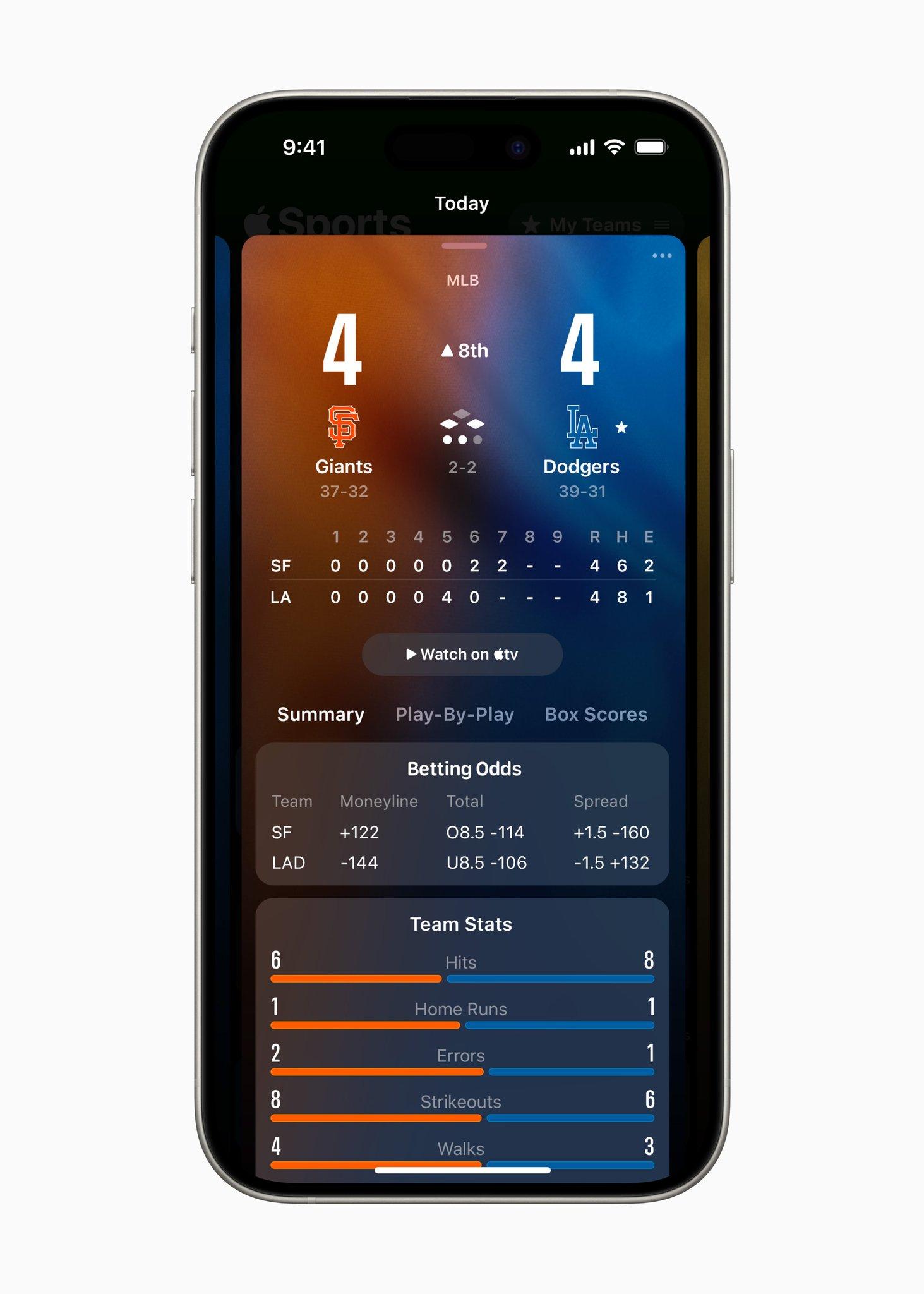 Betting odds and team stats for a live game in Apple Sports. The game scores use a condensed, bold font.