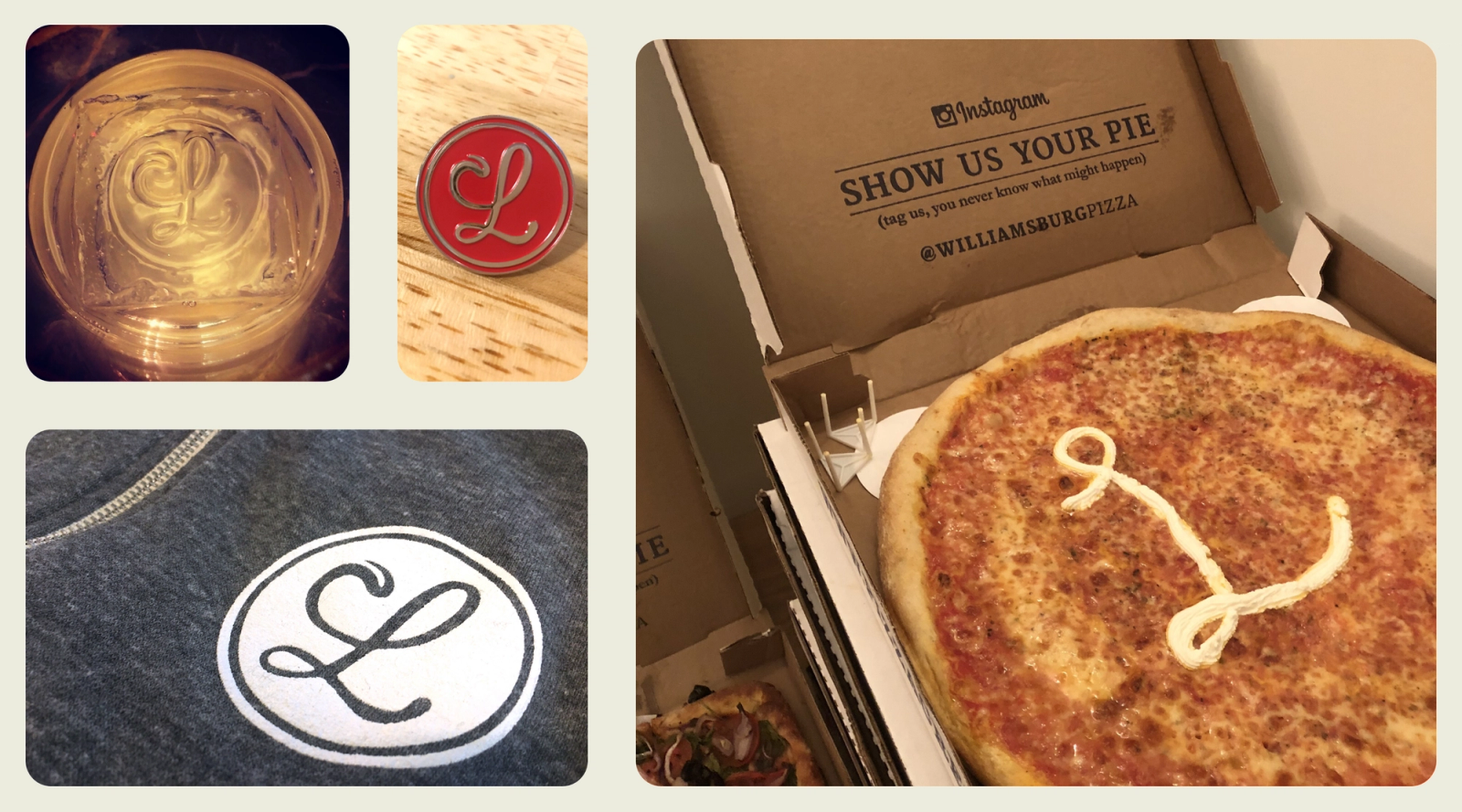 A bento-box-style gallery of images, including: an ice cube with the cursive Lickability “L” logo stamped into it, a grey hoodie with the logo in white, a red enamel pin with the logo, and a pizza with a cursive L drawn on it in ricotta