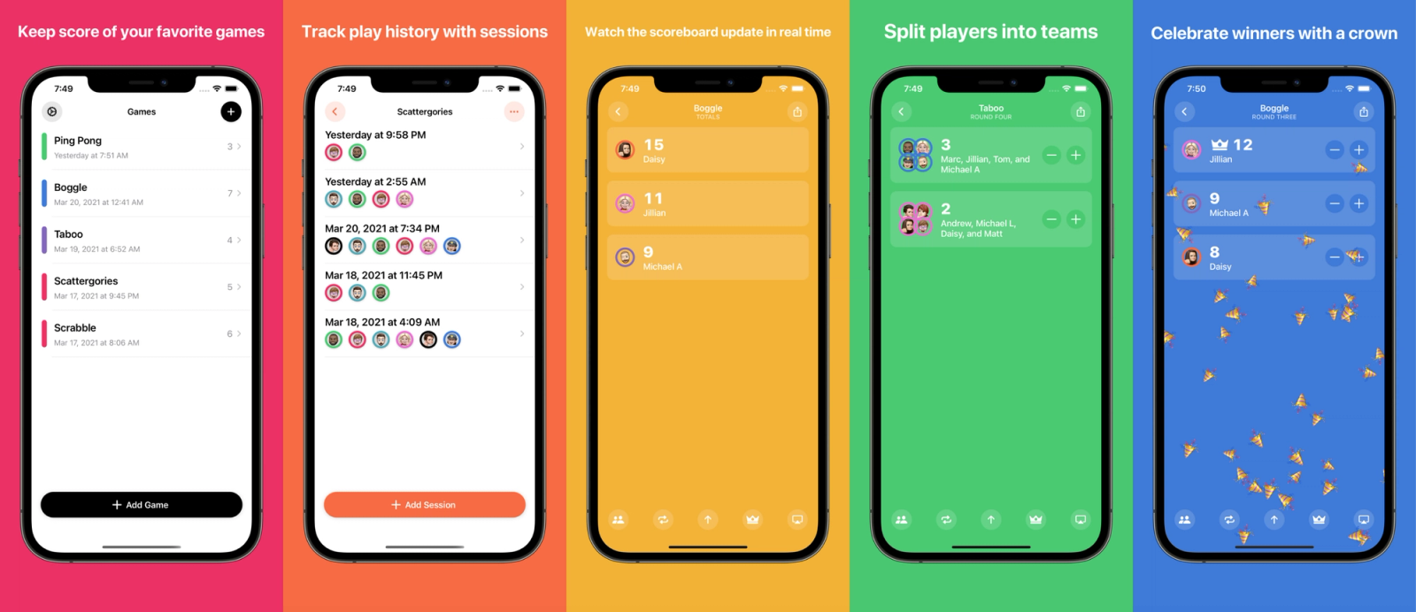 A selection of five App Store screenshots of our app, Scorecard, side by side. Each one has a different-colored background, laid out in rainbow order.