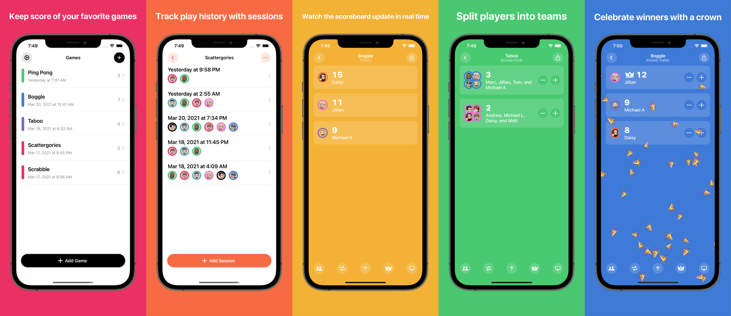 A selection of five App Store screenshots of our app, Scorecard, side by side. Each one has a different-colored background, laid out in rainbow order.