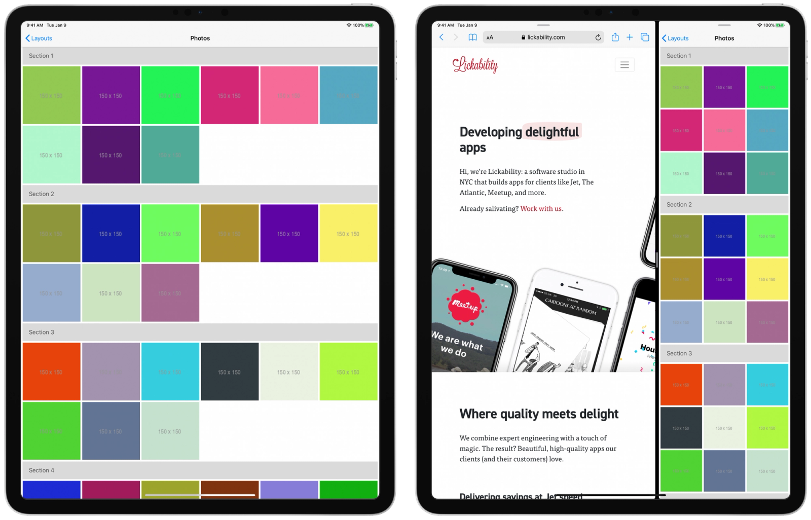 Two iPad simulators side by side showing compositional layouts in different horizontal size classes