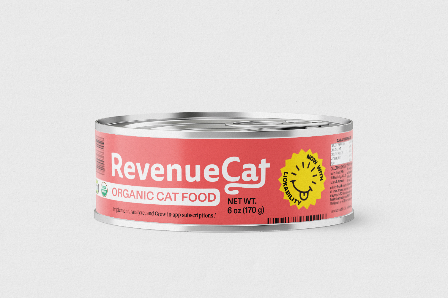 A cat food can with the RevenueCat logo, the Lickability logo, and the phrase "ORGANIC CAT FOOD" on it.