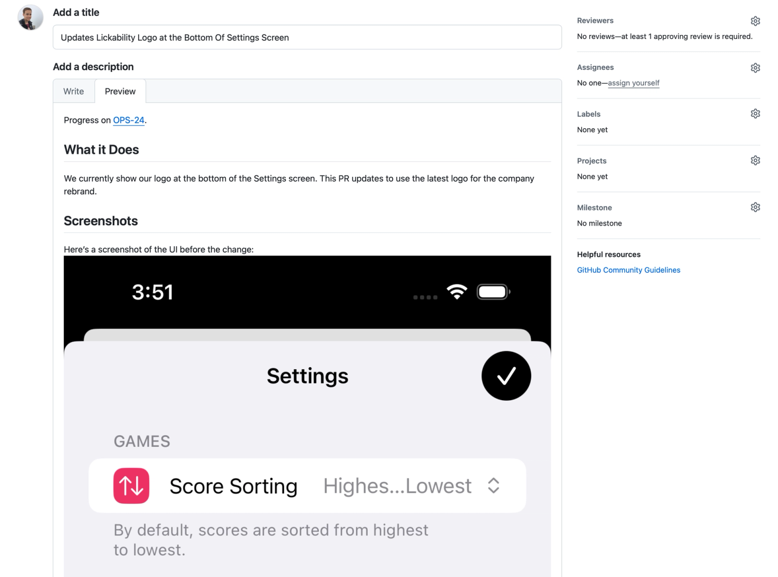 An example pull request on GitHub that shows an iOS Simulator screenshot in the description at full size, taking up the full width of the PR so you have to scroll down to see the whole image.