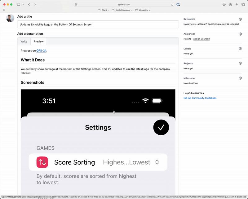A gif that shows how to use the "Limit GitHub Image Width to 300" Shortcut by selecting the image text when editing your GitHub pull request, right clicking to open a menu, and selecting the Shortcut as an option in the menu. In this example, we highlighted two images at once to show how the Shortcut can edit more than one image at a time. In the pull request preview tab, both images are now 300px wide and appear side-by-side.