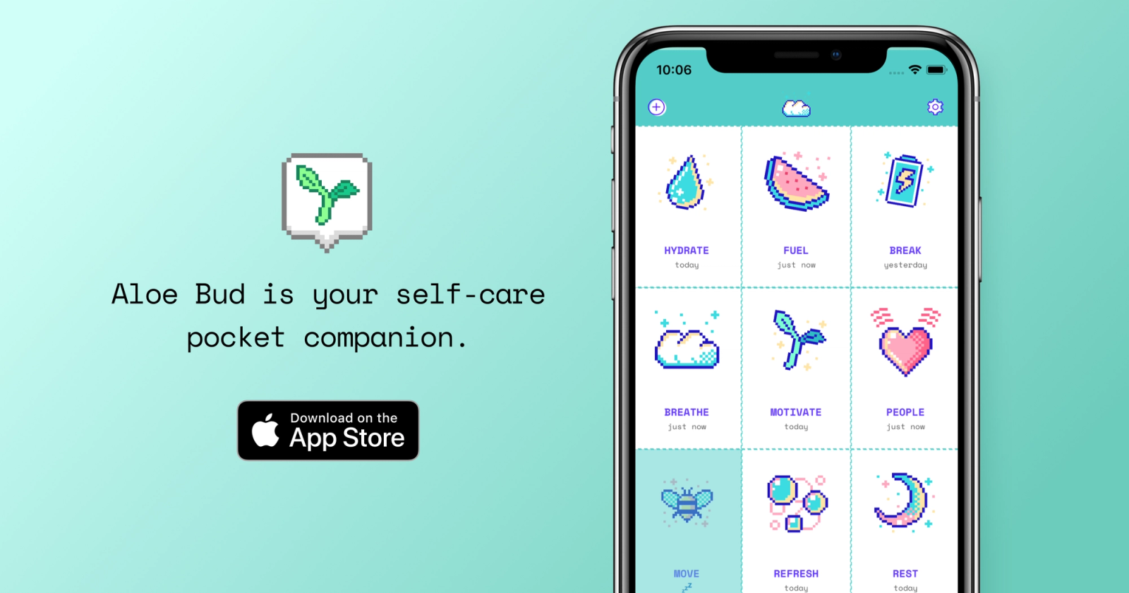 App Store artwork featuring Aloe Bud, a self-care pocket companion.