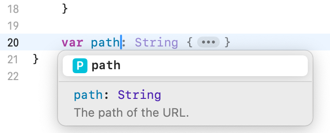 Xcode’s predictive code completion suggesting the type of a computed path variable declaration from a protocol. The implementation of the property is truncated with an ellipsis.