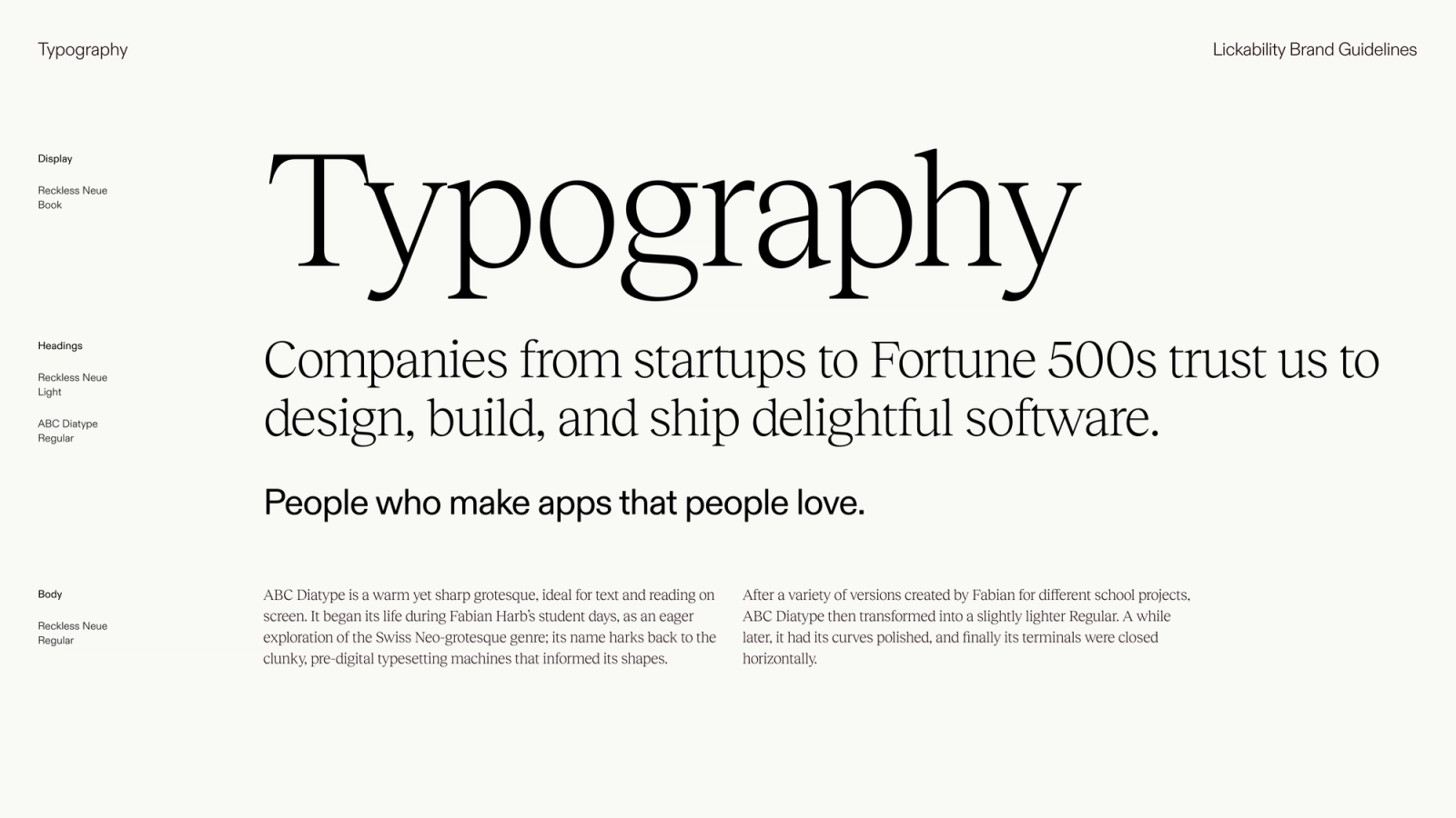 Our typography guidelines, showing examples of which fonts we use for different purposes